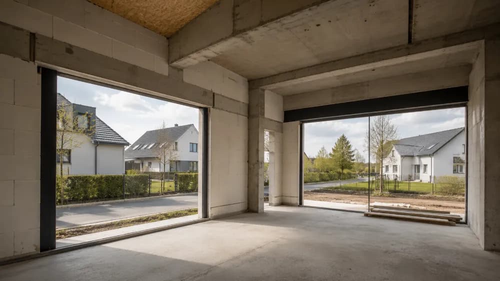 Rohbau eines Einfamilienhauses aus der Baustelle heraus